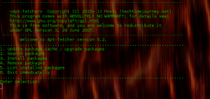 Apt-fetcher running. Enter is an escape key, which quits to program - if no numeric selection is given before pressing it.